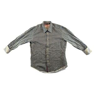 Robert Graham Flip Cuff Embroidered Striped Olive Blue Mens Long Sleeve Shirt XL